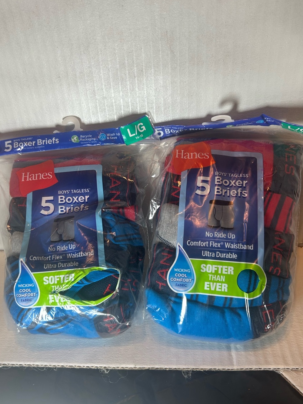 2 Hanes Boys' 5-Pack L/G 14-16 Tagless Boxer Briefs - Blue, Black, Red